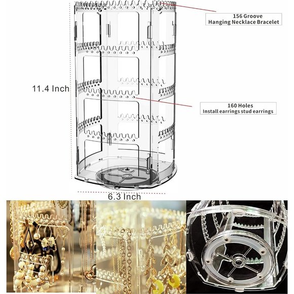 360 Rotating Dangle Earinging Rack Necklace Bracelet Carousel Tree Towers - Picture 2 of 6